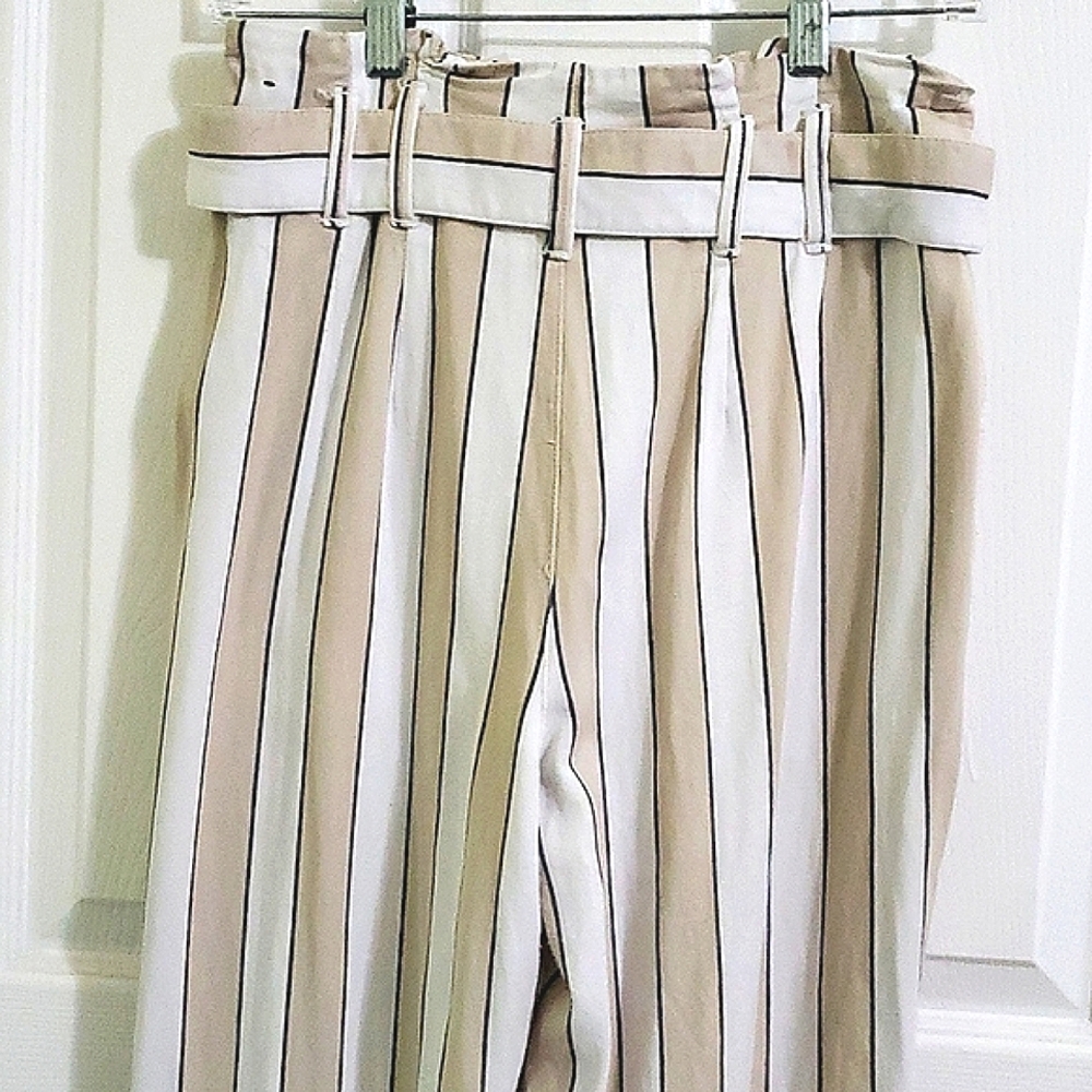Abercrombie & Fitch White & Beige Striped High-Waist Wide Leg Paperbag Pants S - Picture 7 of 14